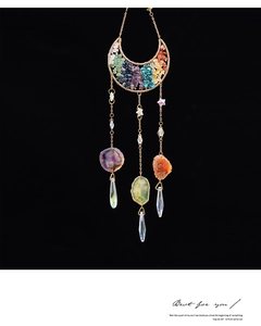 Detailed moon suncatcher with colorful crushed stones and hanging agate crystal prisms