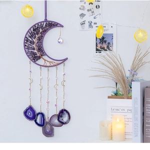 Detailed amethyst tree of life moon dreamcatcher with purple agate slices hanging decor