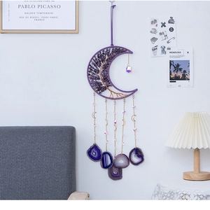 Moon dream catcher with amethyst tree of life and hanging purple agate slices decor