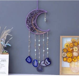 Moon-shaped amethyst life tree wall hanging decor with five agate slice pendants