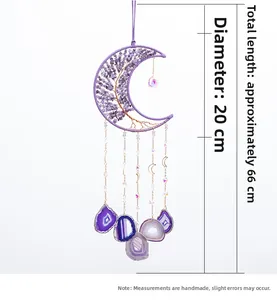 Detail view of purple Tree of Life moon pendant with amethyst stones and agate slices