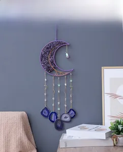 Detail of amethyst moon wall hanging with wire tree of life and agate slices