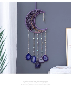 Amethyst Tree of Life dream catcher wall hanging with crescent moon and agate slices