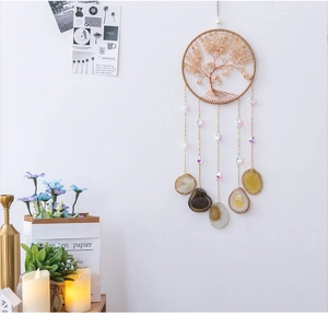 Detailed tree of life wall hanging with yellow citrine crystals and agate slices