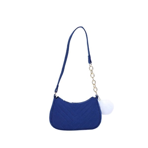 Dark blue suede baguette bag with V-quilted stitching and gold chain strap detail