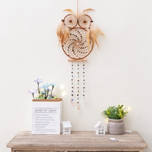 Handmade Owl Dream Catcher Feather Wall Hanging Boho Home Decor With Faux Crystal Prism Star Beads Brown Hanging Ornament