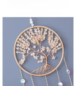 Detail of hand-woven Tree of Life wall hanging with citrine stones and crystal drops