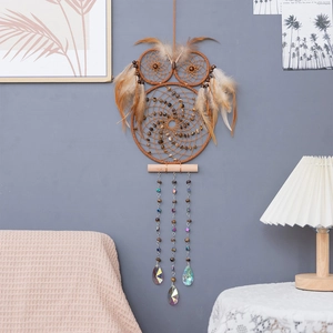 Handmade owl dream catcher with feathers and crystals for boho style wall hanging home decor