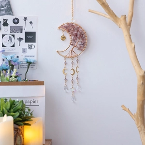 Tree Of Life Moon Crystal Hanging Ornament Bohemian Dream Catcher Gold Alloy Strawberry Quartz Stone Home Wall Decoration