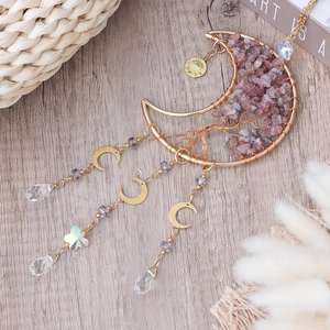 Bohemian moon life tree hanging ornament with pink crystals and evil eye accents