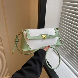 Retro French PU Leather Baguette Bag Color Block Underarm Shoulder Bag With Knot Strap Detail And Gold Lock For Women