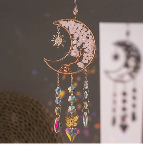 Pink crystal tree of life moon sun catcher with golden butterfly and heart prism pendants