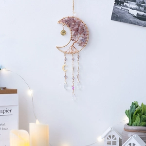 Golden Tree of Life Moon Suncatcher with Amethyst Stones and Crystal Droplet Pendants