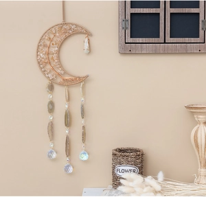 Boho moon-shaped wall hanging with citrine tree of life and agate slices decor