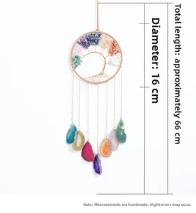 Detail of tree of life wall decor with healing stones, agate slices and 66cm length scale