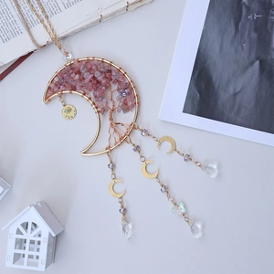 Golden moon tree of life hanging crystal ornament with pink quartz and water drop pendants