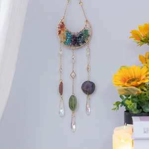 Bohemian crescent moon suncatcher with rainbow chakra stones and hanging agate slices
