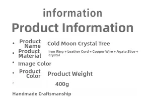 Detailed specification chart for handmade Citrine Tree showing materials, weight, and size