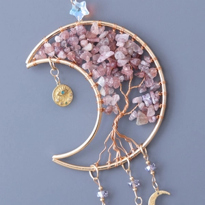 Pink crystal tree of life moon pendant wall hanging with golden wire and star charm