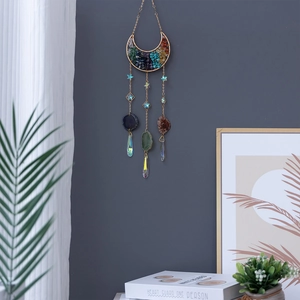Bohemian moon suncatcher with 7 chakra crystals and agate slices for window hanging decor