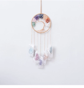 Detailed view of handmade Tree of Life wall hanging with natural colorful gemstones