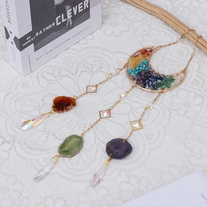 Golden moon suncatcher with colorful natural stones, agate slices and crystal prism pendants