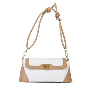 Minimalist French baguette bag in cream and khaki with gold lock and knot strap