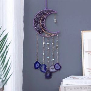 Purple amethyst tree of life crescent moon wall hanging with agate slices and golden chains