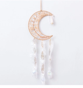 Detail of moon-shaped Citrine Tree of Life wall hanging with natural crystal chips