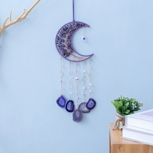 Bohemian purple amethyst tree of life moon dream catcher with agate slices wall hanging