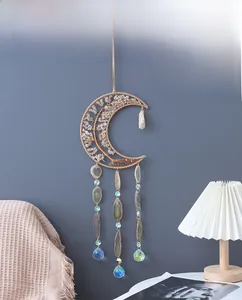 Bohemian moon-shaped tree of life wall hanging with citrine stones and agate slices
