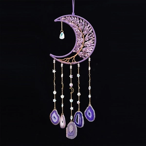 Amethyst tree of life moon wall hanging with gold chains and natural agate slices