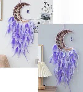 Moon shaped dream catcher with purple feathers and crystal tree of life wall decoration