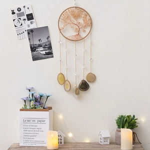 Tree Of Life Wall Hanging Decor With Citrine Chip Stones And Natural Agate Slices Handmade Bohemian Home Ornament