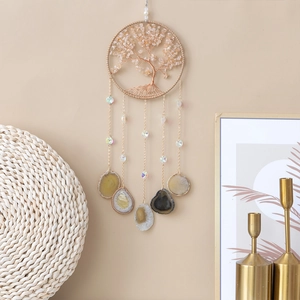 Citrine Tree of Life dream catcher wall hanging with natural agate slices and feathers