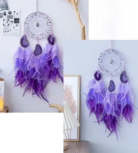Detail of purple dream catcher with amethyst stones and bohemian feathers home decor