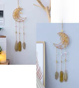 Bohemian moon wall hanging with yellow crystal stones and hanging natural agate slices