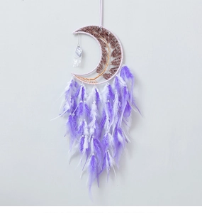 Detail of crescent moon dream catcher with crystal tree of life and purple feathers