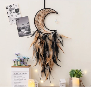 Moon-shaped dream catcher wall hanging with black feathers and healing crystal stones