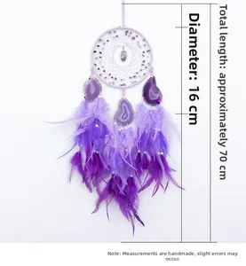 Detail of dream catcher showing 16cm diameter and 70cm length with purple feathers