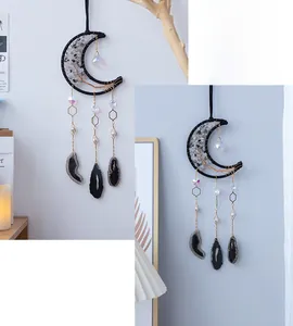 Moon dreamcatcher with tree of life crystals and black agate slices for wall decor