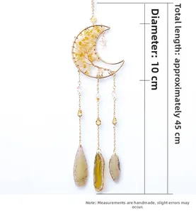 Detailed size view of crescent moon crystal hanging ornament with gold frame and chain