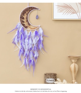 Moon-shaped dream catcher wall hanging with tree of life and purple stone detail