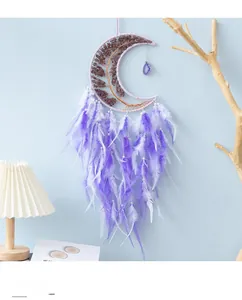 Boho moon dreamcatcher with tree of life crystal stone and purple feathers wall decor