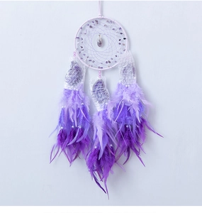 Detail of purple dream catcher with amethyst stones and natural gradient feathers