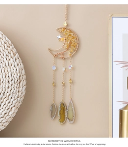 Golden crescent moon suncatcher with wire wrapped tree of life and agate slices