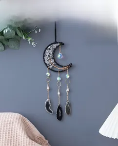 Handmade crescent moon dreamcatcher with tree of life crystals and black agate slices