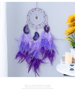Purple amethyst dream catcher with agate slices and feathers on a grey wall
