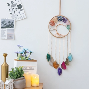 Tree Of Life Hanging Ornament Natural Crystal Chips Seven Chakra Energy Stones Agate Slices Handmade Bohemian Wall Decor