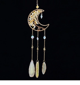 Golden moon sun catcher with crystal tree of life and natural agate stone slices
